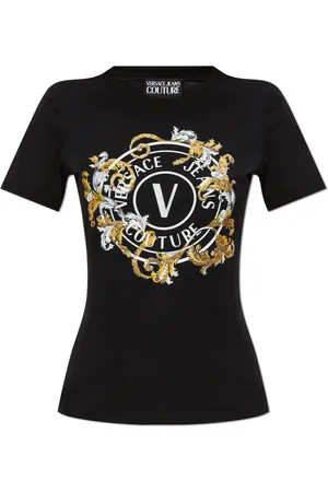 VERSACE Tops, Dames, Zwart, M, Leer, T-shirt met print en glinsterende applicaties