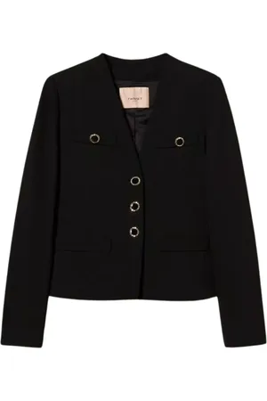 Twin-Set Jassen, Dames, Zwart, M, Polyester, Zwarte Jersey Blazer met Juweelknopen