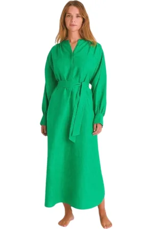 ERES Kleedjes, Dames, Groen, M, Linnen, Elegante Linnen Lange Jurk