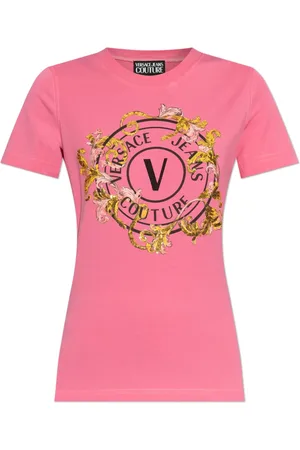 VERSACE Tops, Dames, Roze, M, Katoen, T-shirt met print en glinsterende applicaties