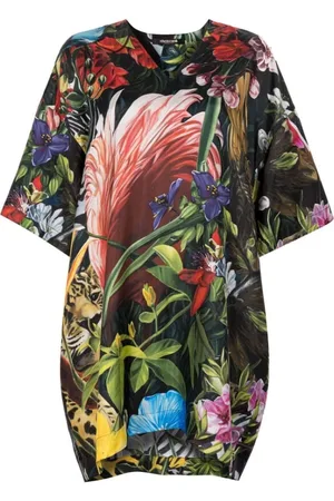 Roberto Cavalli Kleedjes, Dames, Veelkleurig, 2Xs, Zijden Jurk met Bloemen- en Luipaardprint