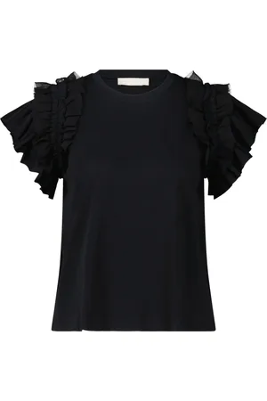 ULLA JOHNSON Blouses & Shirts, Dames, Zwart, L, Katoen, Gerimpelde Mouw Katoenen Top