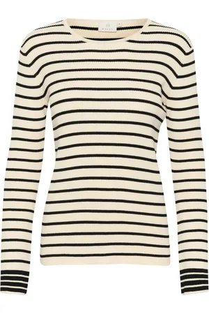 Kaffe Truien, Dames, Zwart, XL, Katoen, Gestreepte Gebreide Trui in Turtledove/Zwart