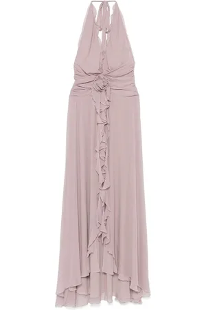 BLUMARINE Kleedjes, Dames, Paars, S, Grijze Halternek Jurk met Voorspleet