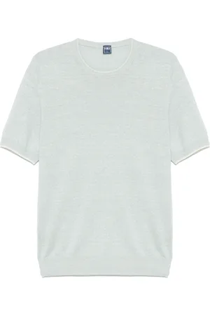 FEDELI Tops, Heren, Blauw, L, Katoen, Linnen Katoen Gebreid T-shirt