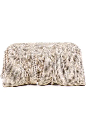 BENEDETTA BRUZZICHES Tassen, Dames, Geel, ONE Size, Satijn, Gouden Kristal Mesh Clutch Tas