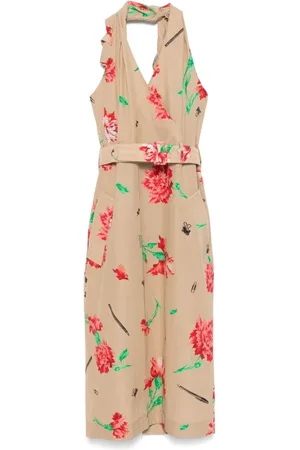 Moschino Kleedjes, Dames, Veelkleurig, 2Xs, Beige Halternek Riem Jumpsuit