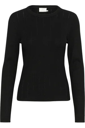 Kaffe Truien, Dames, Zwart, L, Zwart Diep Gebreide Trui met Ronde Hals