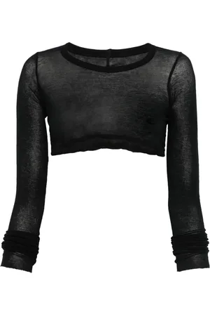 Rick Owens Tops, Dames, Zwart, M, Katoen, Zwarte Semi-Transparante Crop Top Lange Mouw