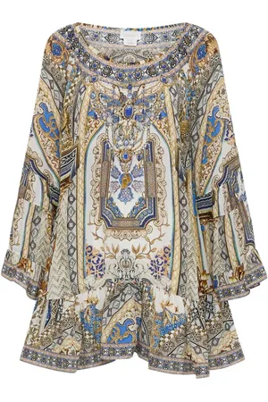Camilla Kleedjes, Dames, Veelkleurig, S, Ruche A-lijn Jurk Mozaïekstijl