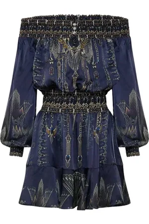 Camilla Kleedjes, Dames, Blauw, S, Off Shoulder Korte Jurk Egypte Effect