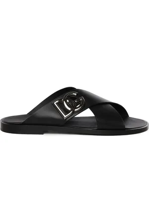 Dolce & Gabbana Schoenen, Heren, Zwart, 41 1/2 EU, Leer, Zwarte leren sandalen met DG-logo