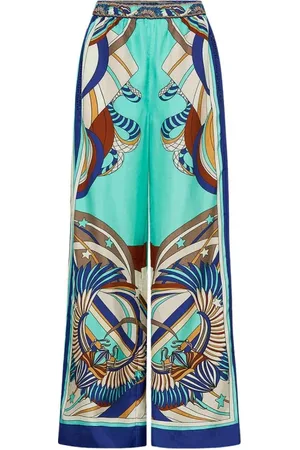 Camilla Broeken, Dames, Veelkleurig, S, Blauwe Geometrische Wijde Zijden Broek