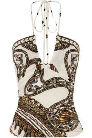 Camilla Tops, Dames, Veelkleurig, S, Luxe Halternek Top met Kristalversieringen