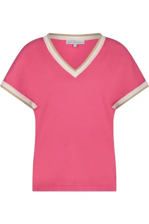Red Button Truien, Dames, Roze, S, Polyester, Roze V-hals Shirt met Gekleurde Rand