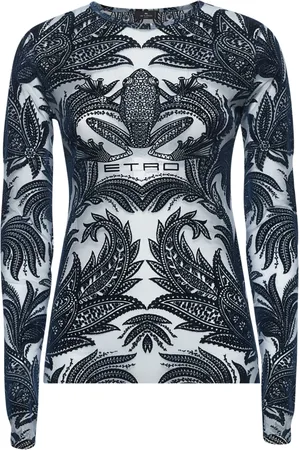 Etro Tops, Dames, Blauw, M, Blauwe Crewneck met Kikker en Paisley