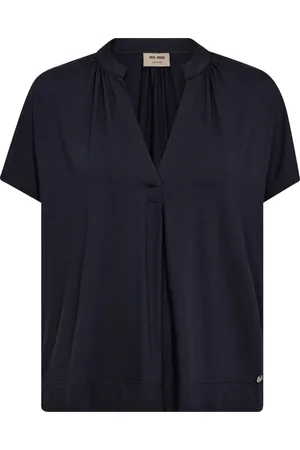 Mos Mosh Tops, Dames, Blauw, XS, Navy V-hals T-shirt met Plooien