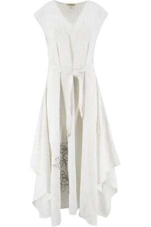 PANICALE Kleedjes, Dames, Wit, XS, Gestreepte Midi Jurk met Bloemenborduursel