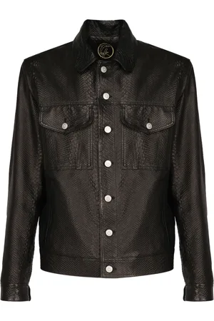 Giuliano Galiano Jassen, Heren, Zwart, M, Leer, Zwarte Leren Python Print Jas