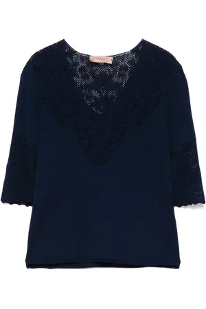 Twin-Set Blouses & Shirts, Dames, Blauw, S, Blauwe V-hals Sweaters Omgeslagen Rand