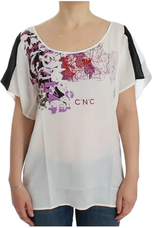 Costume National Blouses & Shirts, Dames, Wit, M, Polyester, Chique witte V-hals T-shirt met print