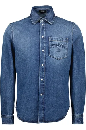 VERSACE Overhemden, Heren, Blauw, S, Denim, Denim shirt met geborduurd logo