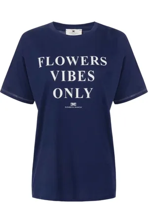 Elisabetta Franchi Tops, Dames, Blauw, XS, Satijn, Jersey T-shirt met satijnen printbanden