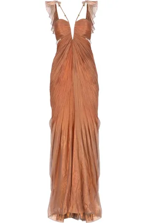 MARIA LUCIA HOHAN Kleedjes, Dames, Bruin, M, Bronzen Zijden Jurk met Ruches