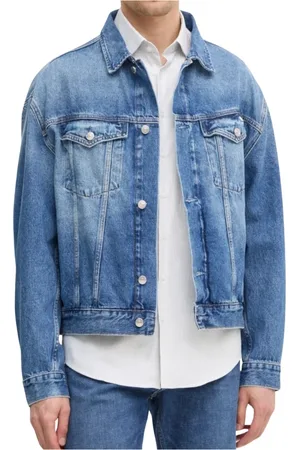 Calvin Klein Jassen, Heren, Blauw, L, Denim, Denim Logo Knopen Leren Patch