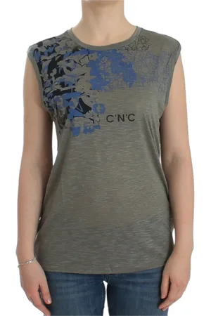 Costume National Tops, Dames, Grijs, L, Polyester, Elegant mouwloos grijs topje met blauwe accenten