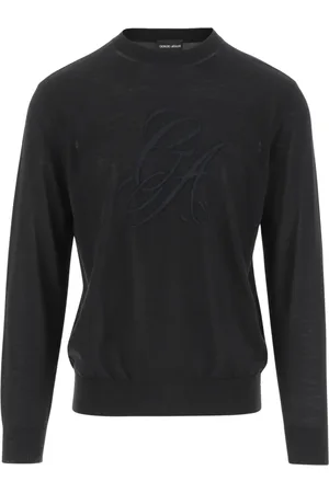 Giorgio Armani Truien, Heren, Zwart, L, Wol, Wollen Logo Crew Neck Trui Zwart