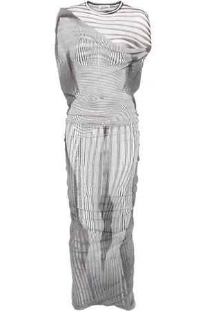 Jean Paul Gaultier Kleedjes, Dames, Wit, L, Gedrukte Mesh Lange Jurk Dubbele Laag