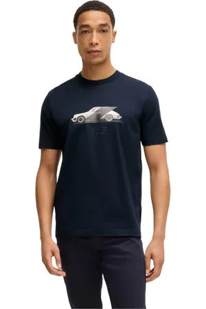 HUGO BOSS Tops, Heren, Blauw, L, Katoen, Gemerceriseerd katoenen T-shirt met Porsche-logo