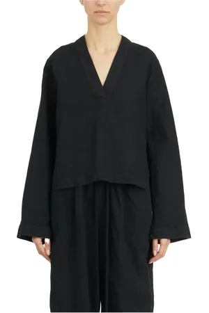 THOM KROM Blouses & Shirts, Dames, Zwart, M, Linnen, Linnen V-hals Shirt