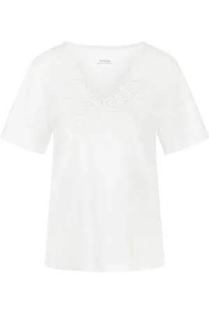 Marc Cain Tops, Dames, Wit, L, Katoen, Vlinder Applicatie V-Hals T-Shirt