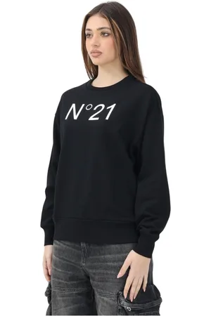 Nº21 Sweatshirts & Hoodies, Dames, Zwart, L, Katoen, Zwarte Crewneck Sweater Elegante Moderne Stijl