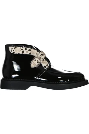 Saint Laurent Schoenen, Heren, Zwart, 41 EU, Leer, Leren en bontlaarzen met gesp