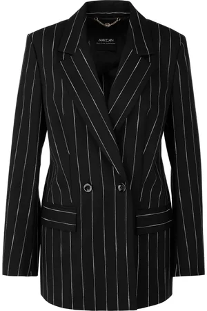 Marc Cain Jassen, Dames, Zwart, S, Katoen, Gestreepte blazer met linnen, wol en katoen