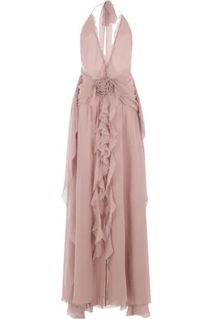 BLUMARINE Kleedjes, Dames, Paars, S, Lila Zijden Georgette Lange Jurk