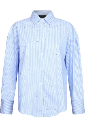 Liu Jo Blouses & Shirts, Dames, Blauw, S, Katoen, Luxe Blauw Katoenen Overhemd met Strass Decoraties