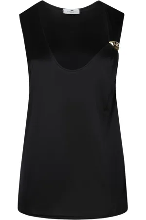 Elisabetta Franchi Tops, Dames, Zwart, L, Glanzende Zwarte Mouwloze Top met Juweeldetail
