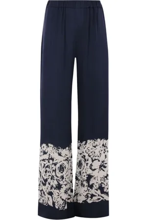 RAQUEL DINIZ Broeken, Dames, Blauw, S, Satijn, Bloemen Wijde Pijp Broek
