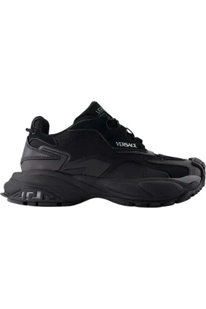 VERSACE Schoenen, Dames, Zwart, 38 EU, Leer, Zwarte Leren Sneakers - Ronde Neus