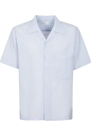 Universal Works Overhemden, Heren, Blauw, S, Katoen, Gestreept katoenen overhemd met korte mouwen