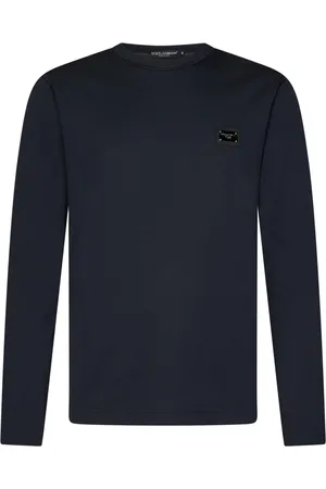 Dolce & Gabbana Tops, Heren, Blauw, M, Katoen, Blauw Geribbelde Ronde Hals Lange Mouw Shirt