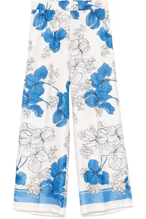 P.A.R.O.S.H. Broeken, Dames, Blauw, XS, Blauwe broek met bloemenprint en elastische tailleband