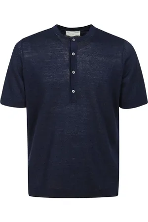 FILIPPO DE LAURENTIIS Tops, Heren, Blauw, L, Linnen, Linnen Polo Shirt met Kraagknopen