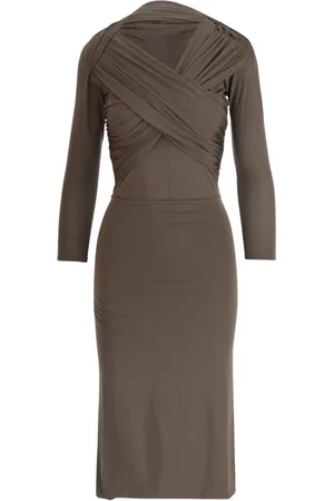 Patou Kleedjes, Dames, Bruin, S, Rayon, Gekruiste Voorkant V-hals Midi Jurk