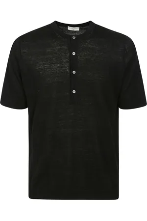 FILIPPO DE LAURENTIIS Tops, Heren, Zwart, L, Linnen, Linnen Polo Shirt met Kraagknopen