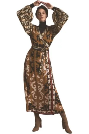 Summum Woman Kleedjes, Dames, Veelkleurig, XS, Geprintte Midi Jurk met Ballonmouwen